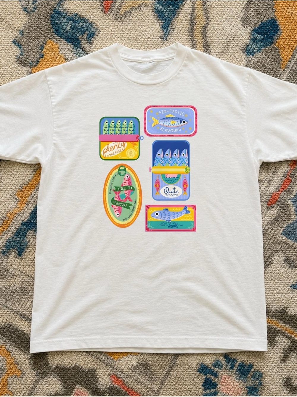 Gildan White Tee with Multicolor Sardine Tin | Canned Fish Cotton T-Shirt